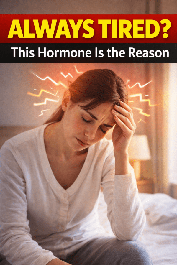 A tired woman sitting on a bed holding her head, representing low energy and fatigue caused by high stress hormone levels.