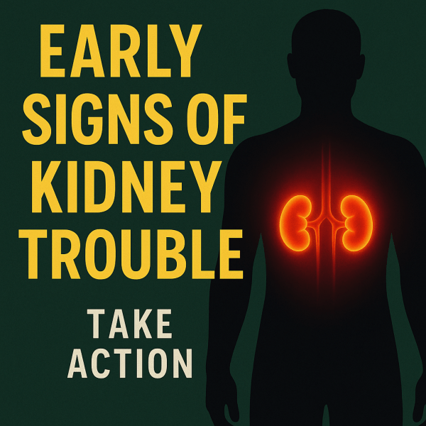 Graphic of human silhouette with glowing kidneys, showing early signs of kidney